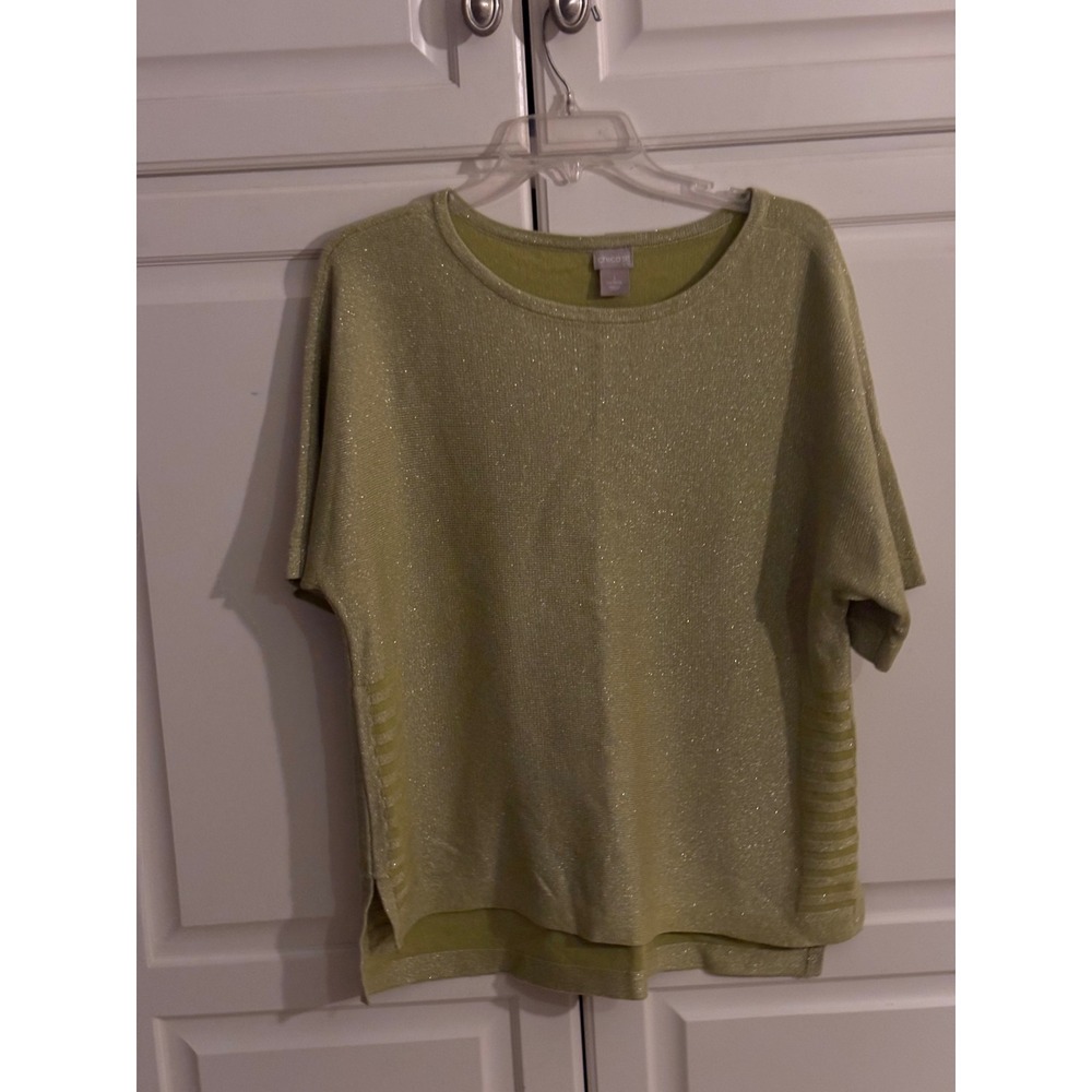 Chicos Metallic Lime Green Linen Cotton Knit Sweater Short Sleeve Size M